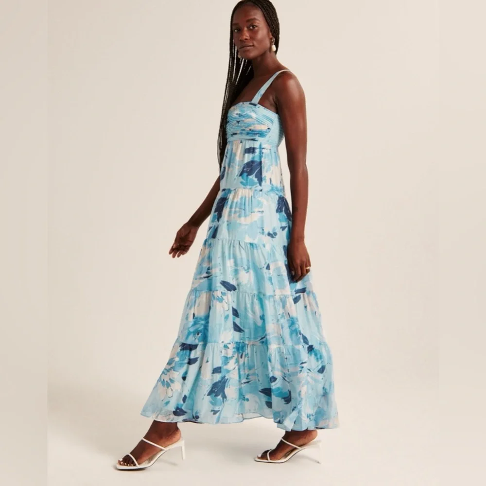 Abercrombie Blue Floral Maxi Dress Tiered Ruched Babydoll XS NWT Summer